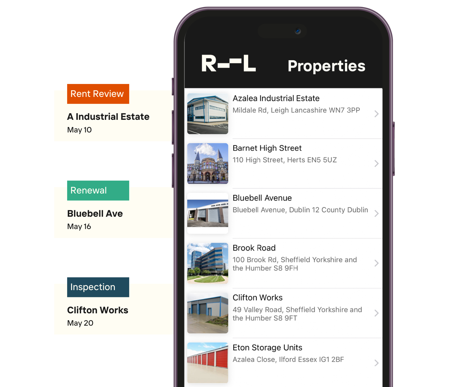 Re-Leased Landlord App showing a property list and upcoming lease events