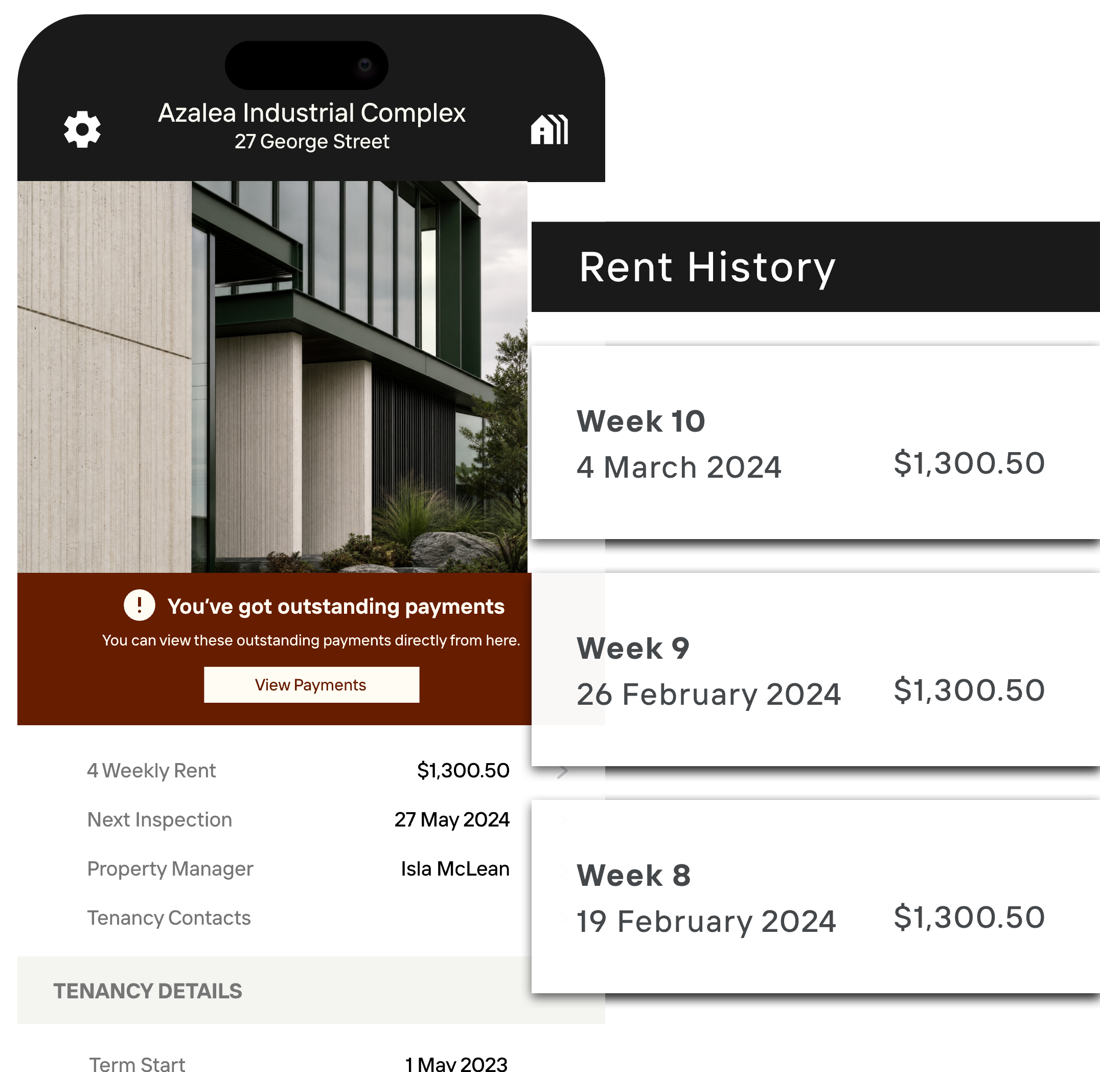 Re-Leased Tenant App showing rent history, tenancy details and the next inspection date